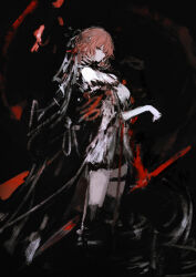 1girl absurdres bare_shoulders black_jacket black_sleeves breasts changli_(wuthering_waves) closed_mouth colored_extremities detached_sleeves dress hair_ornament highres holding holding_sword holding_weapon jacket large_breasts limited_palette long_hair looking_at_viewer orange_eyes pink_hair red_hands revision solo standing sword thigh_strap tuda6 very_long_hair weapon white_dress wuthering_waves