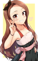 Rule 34 | 1girl, arm up, asymmetrical hair, bare arms, bare shoulders, bead bracelet, beads, black hairband, blush, border, bow hairband, bracelet, breasts, brown eyes, brown hair, collarbone, cowboy shot, dress, grin, hairband, hand on own hip, heart, highres, idolmaster, idolmaster million live!, idolmaster million live! theater days, jewelry, long hair, looking at viewer, minase iori, outside border, pink sash, sash, shuucream (syuichi), sleeveless, sleeveless dress, small breasts, smile, solo, straight hair, striped sash, teeth, v, yellow background
