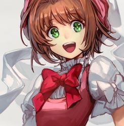 Rule 34 | 1990s (style), 1girl, brown hair, cardcaptor sakura, green eyes, hat, hungry clicker, kinomoto sakura, looking at viewer, open mouth, short hair, simple background, smile, solo