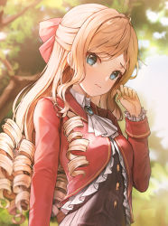 Rule 34 | 1girl, blonde hair, blurry, blurry background, brooch, claire francois, day, drill hair, hand up, highres, jewelry, long hair, long sleeves, looking at viewer, lunacle, outdoors, standing, tree, uniform, upper body, watashi no oshi wa akuyaku reijou