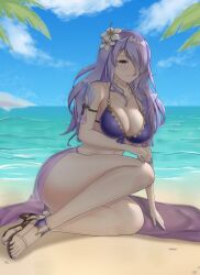 Rule 34 | 1girl, absurdres, bare legs, bare shoulders, beach, bikini, blue sky, breasts, camilla (fire emblem), camilla (summer) (fire emblem), cleavage, cloud, commentary, day, english commentary, fire emblem, fire emblem fates, fire emblem heroes, flower, hair flower, hair ornament, highres, large breasts, long hair, looking at viewer, nail polish, nintendo, ocean, official alternate costume, outdoors, purple bikini, purple eyes, purple hair, purple nails, sandals, sky, smile, solo, stomach, succducc888, swimsuit, thighs, toenail polish, toenails, very long hair, water, white flower