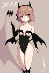 Rule 34 | 1girl, absurdres, azur lane, bare shoulders, bat (animal), black hairband, black leotard, black wings, blush, breasts, bridal gauntlets, brown background, brown hair, closed mouth, collarbone, commentary request, dated, demon horns, demon wings, fake horns, feet out of frame, groin, hair between eyes, hairband, hand up, highres, horns, index finger raised, leotard, looking at viewer, low wings, medium breasts, purple eyes, rock zinc, signature, simple background, smile, solo, standing, wings, z23 (azur lane)