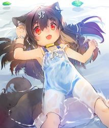 Rule 34 | 1girl, animal ear fluff, animal ears, arm up, armpits, blue one-piece swimsuit, brown hair, collar, dog ears, dog girl, dog tail, dress, fangs, hair intakes, highres, kannagi cocoa, long hair, one-piece swimsuit, open mouth, original, red eyes, ribbon, school swimsuit, see-through, smile, solo, strap slip, sundress, swimsuit, swimsuit under clothes, tail, toba hiyoko, water, wet, wet clothes, wet dress, white dress