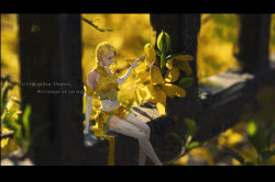 Rule 34 | 1girl, blonde hair, blurry, blurry background, breasts, bridal gauntlets, circlet, commentary, day, depth of field, earrings, english commentary, english text, flower, gloves, grass, highres, jewelry, letterboxed, mini person, minigirl, original, outdoors, plant, pointy ears, rui li, sitting, sleeveless, small breasts, solo, stud earrings, thighhighs, white gloves, white thighhighs, yellow flower