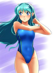 Rule 34 | 1girl, absurdres, blue eyes, blue one-piece swimsuit, competition swimsuit, covered navel, cowboy shot, green hair, highres, horns, long hair, looking to the side, lum, makeup, nanao futaba, one-piece swimsuit, pointy ears, smile, solo, stretching, swimsuit, two-tone background, urusei yatsura
