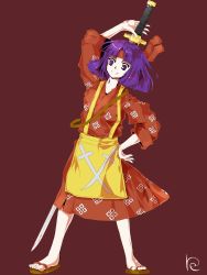 Rule 34 | 1girl, alphes (style), apron, bad id, bad pixiv id, closed mouth, dress, geta, headband, heavenly gathering of clouds, highres, japanese clothes, matching hair/eyes, nagamitsukiri, original, parody, parted bangs, puffy sleeves, purple eyes, purple hair, red background, red dress, refle, short hair, signature, simple background, smile, solo, style parody, sword, touhou, weapon, yellow apron