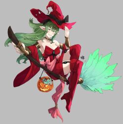 Rule 34 | 1girl, absurdres, adjusting clothes, adjusting headwear, alternate costume, bare shoulders, boots, bracelet, breasts, broom, broom riding, cleavage, dress, fire emblem, fire emblem awakening, full body, green eyes, green hair, halloween, halloween costume, hat, hat ribbon, highres, jack-o&#039;-lantern, jewelry, large breasts, long hair, nintendo, pointy ears, red dress, red footwear, ribbon, sakuremi, solo, thigh boots, thighs, tiara, tiki (adult) (fire emblem), tiki (fire emblem), witch, witch hat