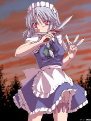 Rule 34 | 1girl, between fingers, braid, dawy, female focus, holding, izayoi sakuya, knife, mouth hold, short hair, silver hair, solo, thigh strap, throwing knife, touhou, twin braids, weapon
