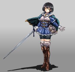 Rule 34 | 1girl, armor, belt, bike shorts, black hair, boots, buckler, cape, chest belt, commentary request, full body, highres, holding, holding sword, holding weapon, knee high boots, leather, leather boots, looking at viewer, original, rapier, shield, short hair, simple background, skirt, smile, solo, standing, sword, thighhighs, udetamago, weapon, yellow eyes, zettai ryouiki