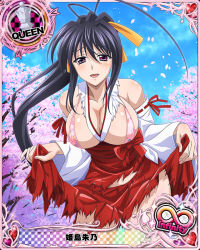 Rule 34 | 10s, 1girl, artist request, breasts, card (medium), character name, cherry blossoms, chess piece, cleavage, female focus, hair ribbon, hakama, hakama skirt, high school dxd, high school dxd infinity, himejima akeno, japanese clothes, kimono, large breasts, long hair, miko, official art, ponytail, purple eyes, queen (chess), red hakama, ribbon, ribbon-trimmed sleeves, ribbon trim, skirt, smile, solo, swimsuit, torn clothes, trading card, very long hair