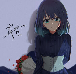 Rule 34 | 1girl, absurdres, blackwhite wind, blue dress, blue eyes, blue hair, bouquet, commentary request, dress, flower, gradient hair, highres, holding, holding bouquet, kurokawa akane, long sleeves, multicolored hair, oshi no ko, red flower, red rose, rose, shadow, signature, solo, tearing up, tears