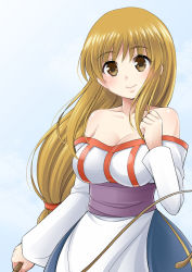Rule 34 | 1girl, arc the lad, arc the lad ii, bare shoulders, blonde hair, braid, breasts, brown eyes, cleavage, closed mouth, collarbone, commentary request, dress, highres, large breasts, lieza (arc the lad), long hair, looking at viewer, low-tied long hair, off-shoulder shirt, off shoulder, shirt, simple background, smile, solo, tadano myoushi, very long hair, whip