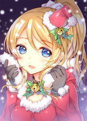Rule 34 | 10s, 1girl, ayase eli, bad id, bad pixiv id, bell, neck bell, black gloves, blonde hair, blue eyes, blush, collar, dress, gloves, hair bell, hair ornament, hat, long hair, looking at viewer, love live!, love live! school idol festival, love live! school idol project, mini hat, mini santa hat, open mouth, ponytail, santa hat, smile, snow, solo, yadapot