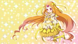Rule 34 | 10s, 1girl, boots, bow, bubble skirt, choker, circlet, cure muse, cure muse (yellow), dress, earrings, eyelashes, frills, full body, gathers, hair ribbon, heart, highres, jewelry, jun (kyurisin), knee boots, long hair, magical girl, orange hair, orange skirt, precure, red eyes, ribbon, shirabe ako, skirt, smile, solo, sparkle, suite precure, yellow background, yellow bow, yellow theme
