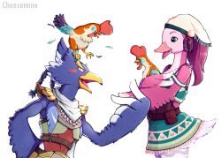 Rule 34 | 1boy, 1girl, absurdres, animal, animal on head, arm behind back, armor, artist name, bandana, bare shoulders, beak, belt, belt pouch, bird, bird boy, bird girl, bird tail, black eyes, blue eyes, blue fur, blue hair, blue wings, blush stickers, body fur, braid, breastplate, cheesemine, chicken, collarbone, colored sclera, constricted pupils, cowboy shot, cucco, earrings, feathered wings, feathers, from side, furry, furry female, furry male, furry with furry, green eyes, green shirt, green skirt, hair ribbon, hair tie, hand up, hands up, happy, head scarf, hetero, highres, holding, holding animal, holding hands, jewelry, looking at another, looking up, medium hair, miniskirt, nervous, nintendo, on head, open mouth, original, pink fur, pink wings, pouch, profile, revali, ribbon, rito, shirt, shoulder pads, simple background, skirt, sleeveless, sleeveless shirt, smile, standing, strap slip, tail, the legend of zelda, the legend of zelda: breath of the wild, tongue, two-tone fur, upper body, watermark, white background, white bandana, white fur, white headwear, winged arms, wings, yellow sclera