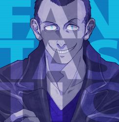 Rule 34 | 1boy, armkreuz, black hair, blue background, collarbone, doctor who, evil smile, fantastic, grin, jacket, looking at viewer, male focus, ninth doctor, rape face, shirt, simple background, smile, t-shirt, the doctor