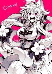 Rule 34 | 1girl, :d, ahoge, animal ear fluff, animal ears, breasts, cat ears, cat girl, cat tail, cleavage, commentary request, fangs, flower, greyscale, greyscale with colored background, hair flower, hair ornament, highres, large breasts, long hair, long sleeves, looking at viewer, monochrome, open mouth, original, red background, red eyes, simple background, smile, solo, tail, takatsuki ichi, thighhighs
