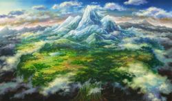 Rule 34 | above clouds, blue sky, cloud, cloudy sky, commentary request, day, fantasy, field, fog, forest, giant tree, kemi neko, lake, landscape, mountain, nature, no humans, original, outdoors, river, scenery, sky, tree, valley, vocaloid