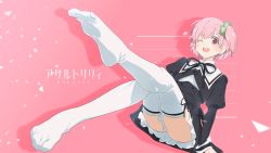 Rule 34 | 1girl, ass, assault lily, blush, breasts, feet, highres, hitotsuyanagi riri, one eye closed, open mouth, pink hair, red eyes, school uniform, short hair, small breasts, smile, solo, thighhighs, white thighhighs