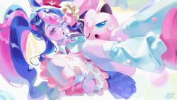 Rule 34 | 1girl, absurdres, baekryang, blue hair, commentary, creatures (company), crossover, eyelashes, fairy miku (project voltage), flower, game freak, gen 1 pokemon, green eyes, hair flower, hair ornament, hand up, hatsune miku, highres, jigglypuff, long sleeves, loose socks, multicolored hair, nail polish, nintendo, open mouth, pink footwear, pink hair, pokemon, pokemon (creature), project voltage, scrunchie, shoes, skirt, sleepy, sleeves past wrists, socks, twintails, two-tone hair, vocaloid, wrist scrunchie