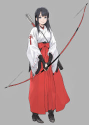 Rule 34 | 1girl, arrow (projectile), black eyes, black hair, blush, bow (weapon), full body, grey background, hakama, hakama skirt, highres, hirooka masaki, holding, holding bow (weapon), holding weapon, japanese clothes, light blush, long hair, open mouth, original, quiver, simple background, skirt, smile, solo, standing, teeth, tongue, upper teeth only, weapon