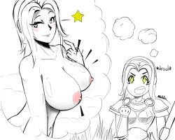 Rule 34 | + +, 1girl, ^^^, alternate breast size, armor, blush, breast conscious, breastplate, breasts, capelet, collarbone, drooling, heart, heart-shaped pupils, large breasts, league of legends, lux (league of legends), monochrome, nipples, simple background, star (symbol), stormbringer (artist), surprised, symbol-shaped pupils, teeth, thought bubble, upper body, white background