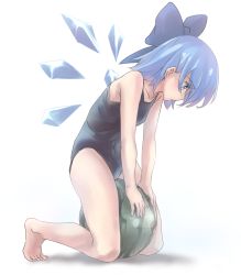 Rule 34 | 1girl, bare arms, bare legs, bare shoulders, barefoot, black one-piece swimsuit, blue bow, blue eyes, blue hair, bow, breasts, cirno, collarbone, covered navel, detached wings, food, from side, fruit, full body, hair bow, ice, ice wings, kneeling, looking down, matching hair/eyes, one-piece swimsuit, pi (pnipippi), profile, school swimsuit, short hair, small breasts, smile, solo, swimsuit, toes, touhou, watermelon, white background, wings