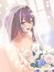 Rule 34 | 1girl, :d, absurdres, azki (hololive), blue flower, blue rose, blush, bouquet, breasts, bridal veil, brown hair, cleavage, collarbone, dress, dutch angle, flower, hair between eyes, hair ornament, highres, holding, holding bouquet, hololive, long hair, looking at viewer, multicolored hair, open mouth, purple eyes, rose, small breasts, smile, solo, strapless, strapless dress, streaked hair, takami masahiro, upper body, veil, virtual youtuber, wedding, wedding dress, white dress, white flower, white rose
