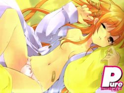 Rule 34 | 1girl, bandaid, bee-be-beat it!, bow, bow panties, breasts, brown hair, dress shirt, hachie, hair ribbon, ito noizi, long hair, long sleeves, lying, no bra, on back, open clothes, open shirt, orange hair, panties, pink panties, red hair, ribbon, scan, scan artifacts, shirt, small breasts, solo, underwear
