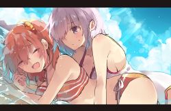 Rule 34 | 2girls, :d, ^ ^, arm support, bad id, bad pixiv id, bare arms, beach, bikini, blue sky, blush, breasts, closed eyes, closed mouth, cloud, cloudy sky, day, dutch angle, fang, fate/grand order, fate (series), fujimaru ritsuka (female), fujimaru ritsuka (female) (brilliant summer), girl on top, hair ornament, hair over one eye, hair scrunchie, happy, highres, ichinosenen, large breasts, letterboxed, light purple hair, looking at another, lying, mash kyrielight, mash kyrielight (swimsuit of perpetual summer), mashu kyrielite, medium breasts, multiple girls, o-ring, o-ring bikini, ocean, official alternate costume, one-piece swimsuit, open mouth, orange bikini, orange hair, outdoors, partially submerged, purple eyes, scrunchie, short hair, side-tie bikini bottom, side ponytail, sky, smile, striped bikini, striped clothes, sweatdrop, swimsuit, type-moon, white one-piece swimsuit, yuri