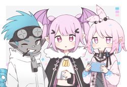 Rule 34 | 1boy, 2girls, :|, antenna hair, arknights, black cape, blue hair, blue nails, blush, cape, cellphone, chameleon tail, chibi, closed mouth, colored skin, commentary, cropped shirt, dog tags, ethan (arknights), fur-trimmed cape, fur trim, grey eyes, grey shirt, grey skin, hair ornament, hairclip, hand up, head wings, highres, holding, holding phone, jacket, kirara (arknights), looking at viewer, manticore (arknights), mouth hold, multiple girls, nail polish, nano mochi, open clothes, open jacket, open mouth, oversized zipper, phone, pink eyes, pink hair, pink jacket, shirt, short hair, tail, trait connection, twintails, white jacket, white shirt, wings