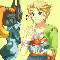 Rule 34 | 1boy, 1girl, alternate costume, ass, asymmetrical clothes, blonde hair, blue eyes, blue skin, bottle, bowl, brown eyes, chuchu (zelda), collarbone, colored sclera, colored skin, earrings, food, gameplay mechanics, hand on own chin, height difference, helmet, holding, holding bowl, jam, jar, jewelry, link, long hair, looking at another, midna, muse (rainforest), musical note, nintendo, no headwear, nude, orange hair, pointy ears, pouring, red eyes, sash, smile, stroking own chin, the legend of zelda, the legend of zelda: twilight princess, wrist wrap, yellow sclera