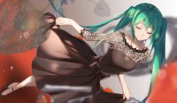 Rule 34 | 1girl, black dress, black footwear, blurry, blurry background, breasts, chinese lantern (plant), closed eyes, closed mouth, collarbone, dress, dutch angle, evening gown, floating hair, green hair, green nails, hair between eyes, hatsune miku, high heels, long hair, medium breasts, nail polish, otome kaibou (vocaloid), pumps, skirt hold, sleeveless, sleeveless dress, smile, solo, standing, twintails, very long hair, vocaloid, yamai fake