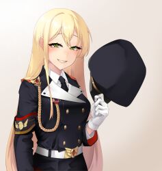 Rule 34 | 1girl, absurdres, armband, blonde hair, blush, collared shirt, commission, commissioner upload, girls&#039; frontline, gloves, green eyes, hat, highres, jacket, long hair, long sleeves, looking at viewer, military hat, military uniform, nakiusagi, necktie, peaked cap, shirt, simple background, skeb commission, smile, smug, solo, squinting, stg44 (girls&#039; frontline), uniform, very long hair, white gloves, white shirt