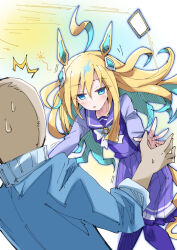 Rule 34 | 1boy, 1girl, ahoge, animal ears, blonde hair, blue eyes, breasts, collarbone, hair between eyes, hair ornament, horse ears, horse girl, horse tail, incoming hug, neo universe (umamusume), nodachi (artist), open mouth, outstretched arms, school uniform, simple background, small breasts, solo, spread arms, tail, thighhighs, tracen school uniform, trainer (umamusume), umamusume, white background, window