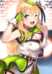 Rule 34 | 1girl, ;d, belt, blonde hair, breasts, cleavage, cleavage cutout, clothing cutout, commentary request, fingerless gloves, gloves, gold trim, green eyes, hat, hoshii miki, idolmaster, idolmaster (classic), long hair, looking at viewer, medium breasts, one eye closed, open mouth, pettan p, salute, smile, solo