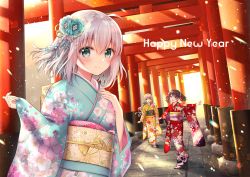 Rule 34 | 3girls, :d, ahoge, black hair, blue flower, blue kimono, blue nails, blush, brown eyes, brown footwear, brown hair, closed mouth, commentary request, day, floral print, flower, green eyes, hair between eyes, hair flower, hair ornament, happy new year, highres, japanese clothes, kimono, long hair, long sleeves, multiple girls, multiple torii, nail polish, nengajou, new year, obi, open mouth, original, outdoors, outstretched arm, print kimono, purple eyes, red kimono, sandals, sash, sato ame, silver hair, smile, socks, standing, standing on one leg, tabi, torii, very long hair, white legwear, wide sleeves, yellow kimono, zouri