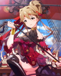 Rule 34 | 10s, 1girl, 6+boys, boots, bracelet, brown hair, card, choker, day, dress, idolmaster, idolmaster million live!, jewelry, knee boots, lens flare, looking at viewer, multiple boys, official art, pirate, sky, sword, tenkuubashi tomoka, weapon, whip