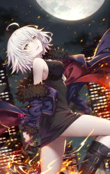 Rule 34 | 1girl, ahoge, black dress, black footwear, blush, boots, breasts, cityscape, dress, fate/grand order, fate (series), full moon, fur-trimmed jacket, fur trim, gabiran, jacket, jeanne d&#039;arc (fate), jeanne d&#039;arc alter (fate), jeanne d&#039;arc alter (ver. shinjuku 1999) (fate), large breasts, looking at viewer, moon, night, official alternate costume, open mouth, outdoors, purple jacket, short hair, silver hair, sleeveless, sleeveless dress, smile, solo, wicked dragon witch ver. shinjuku 1999, wind, yellow eyes