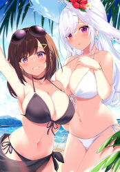Rule 34 | 2girls, absurdres, arm up, armpits, bangle, bare arms, bare shoulders, beach, bikini, black bikini, black choker, blue sky, blush, bracelet, breasts, brown eyes, brown hair, chinese commentary, choker, cleavage, collarbone, cowboy shot, day, earrings, eyewear on head, flower, front-tie bikini top, front-tie top, grin, hair flower, hair ornament, halterneck, hand up, hat, hat flower, highres, jewelry, large breasts, long hair, looking at viewer, multiple girls, navel, open mouth, original, outdoors, oywj, palm leaf, parted lips, purple eyes, red eyes, sarong, side-tie bikini bottom, sidelocks, sky, smile, standing, stomach, strap gap, straw hat, string bikini, sunglasses, swimsuit, teeth, thighhighs, thighs, white bikini, white hair, white headwear