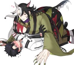 2boys all_fours animal_ears ashiya_douman_(fate) asymmetrical_clothes asymmetrical_hair bell black_eyes black_footwear black_gloves black_hair blue_eyes blush boots cat_boy cat_ears cat_tail combat_boots curly_hair earrings fate/grand_order fate_(series) fingernails flying_sweatdrops fujimaru_ritsuka_(male) gloves green_bandages green_kimono green_nails hadanugi_dousa hair_bell hair_between_eyes hair_intakes hair_ornament heart high_collar highres japanese_clothes jewelry kimono large_pectorals long_hair long_sleeves lying magatama magatama_earrings male_focus multicolored_hair multiple_boys muscular muscular_male on_back on_top_partner open_clothes open_kimono parted_lips pectoral_cleavage pectorals pointed_footwear ribbed_sleeves seum_(kao_husband) sharp_fingernails shikigami shirt short_hair simple_background smile split-color_hair sweatdrop tail tattoo tattoo_on_hand two-tone_hair very_long_fingernails very_long_hair white_background white_footwear white_hair white_shirt yaoi