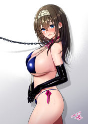 Rule 34 | 1girl, bare shoulders, beads, bikini, black gloves, blue bikini, blush, breasts, brown hair, chain, chained, cleavage, commentary request, cowboy shot, dated, elbow gloves, from side, gloves, gradient background, grey background, grey hairband, hair between eyes, hairband, highres, idolmaster, idolmaster cinderella girls, large breasts, long hair, looking at viewer, looking to the side, neck ribbon, open mouth, pink ribbon, ribbon, sagisawa fumika, side-tie bikini bottom, signature, solo, strap gap, sweat, swimsuit, white background, yuzuri ai
