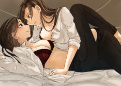 Rule 34 | 2girls, black pants, bra, breast press, breasts, brown eyes, brown hair, cleavage, collarbone, commentary request, eye contact, hoshizora no shita, leg lock, leg up, long hair, looking at another, lying, medium breasts, multiple girls, on back, open clothes, open shirt, original, pants, parted lips, red bra, shirt, unbuttoned, unbuttoned shirt, underwear, white shirt, yuri