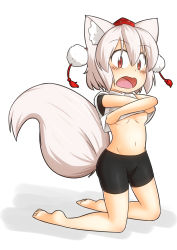 Rule 34 | 1girl, animal ears, barefoot, bike shorts, blush, breasts, elu butyo, full body, groin, hat, highres, inubashiri momiji, kneeling, looking at viewer, navel, open mouth, red eyes, short hair, silver hair, simple background, small breasts, solo, tail, tokin hat, touhou, underboob, undressing, white background, wolf ears, wolf tail