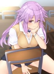 Rule 34 | 1girl, adult neptune, alternate costume, between legs, black skirt, blush, breasts, brown vest, chair, cleavage, collared shirt, commentary request, d-pad, desk, dura, hair between eyes, hand between legs, hand on own chin, head rest, highres, indoors, jewelry, large breasts, long hair, looking at viewer, necklace, neptune (series), purple eyes, purple hair, school chair, school desk, school uniform, shin jigen game neptune vii, shirt, short sleeves, sitting, skirt, smile, solo, spread legs, vest, white shirt
