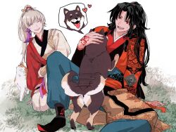 Rule 34 | 2boys, animal, animal on lap, archer (fate/samurai remnant), arm guards, black hanfu, cat, chinese clothes, chinese hairpin, closed eyes, command spell, dog, fate/samurai remnant, fate (series), green hair, grey hair, hair ornament, hanfu, headpat, high ponytail, long hair, looking at animal, male focus, multicolored hair, multiple boys, okonomigrill, on ground, on lap, orange eyes, petting, ponytail, red hanfu, red robe, robe, sidelocks, sitting, smile, streaked hair, tail, tail wagging, tassel, white hair, white hanfu, xiao guan (headdress), zheng chenggong (fate)