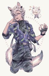 Rule 34 | absurdres, animal ears, belt, belt pouch, black pants, buckle, camouflage, camouflage jacket, chibi, cropped legs, dark-skinned male, dark skin, fang, fingerless gloves, fingernails, gloves, hair between eyes, hair ornament, hand up, highres, jack howl, jacket, kasichan, lightning bolt symbol, looking at viewer, male focus, multiple views, open mouth, pants, pocket, pouch, silver hair, simple background, sleeves rolled up, spiked hair, tail, turtleneck, twisted wonderland, unzipped, wolf boy, wolf ears, wolf tail, yellow eyes