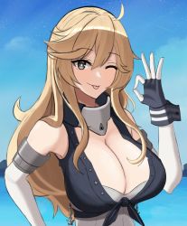 Rule 34 | 1girl, ahoge, bare shoulders, blonde hair, blue eyes, blue gloves, blue sky, breasts, cleavage, commentary, day, desspie, english commentary, fingerless gloves, front-tie top, gloves, hair between eyes, highres, iowa (kancolle), kantai collection, large breasts, long hair, looking at viewer, ok sign, one eye closed, sidelocks, sky, star-shaped pupils, star (symbol), symbol-shaped pupils, tongue, tongue out, water