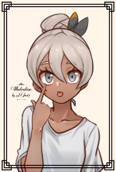 Rule 34 | 1girl, akanbe, alternate costume, alternate hairstyle, artist name, bea (pokemon), bow, collarbone, commentary request, creatures (company), dark-skinned female, dark skin, echizen (n fns17), eyelashes, eyelid pull, framed, game freak, grey eyes, grey hair, grey shirt, gym leader, hair between eyes, hair bow, hand up, highres, looking at viewer, nintendo, pokemon, pokemon swsh, shirt, short hair, short sleeves, solo, tongue, tongue out, upper body
