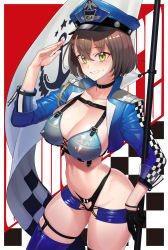 Rule 34 | 1girl, azur lane, baltimore (azur lane), baltimore (finish line flagbearer) (azur lane), breasts, brown hair, checkered clothes, choker, cleavage, clothing cutout, covered erect nipples, cowboy, cowboy western, epaulettes, female pubic hair, flagpole, gloves, hat, highleg, highleg panties, highres, holding, holding pole, large breasts, looking at viewer, military hat, panties, pole, pubic hair, race queen, revealing clothes, salute, short hair, single glove, single thighhigh, supurai, thigh strap, thighhighs, underwear, western, yellow eyes